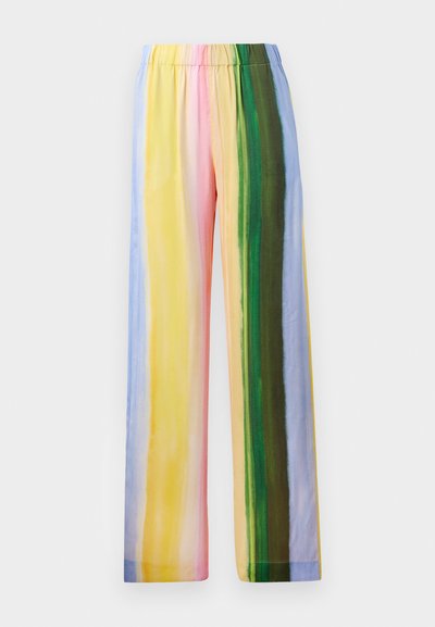 Široké kalhoty s elastickým pasem, zdobené vertikálními pruhy v pastelových barvách: žluté, růžové, zelené, modré a světle fialové. Hladká textura.