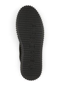 Semelle de chaussure en caoutchouc noir avec une texture striée, de forme ovale et un logo "Marc O'Polo" en relief au centre. Conception plate et antidérapante.