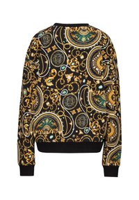 Zwarte sweatshirt met een goud, groen en wit ornamentaal patroon. Voorzien van geribbelde manchetten en zoom, met een ronde halslijn.