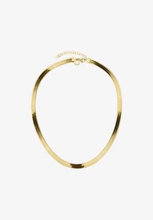 Collana in metallo dorato con un design a catena liscio e flessibile, caratterizzata da una leggera texture e un gancio regolabile con una prolunga a catena.