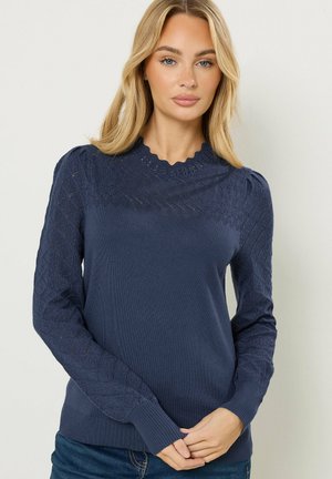 Frau mit blondem Haar, die einen marineblauen Strickpullover mit strukturiertem Diamantmuster an Ärmeln und oberer Brust trägt, vor weißem Hintergrund stehend.