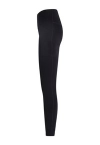 Black high-waisted full-length leggings with panel detailing, shown from the side on a white background.