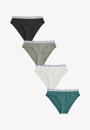 Vier Paar Damen-Bikinihöschen in Schwarz, Olivgrün, Creme und Petrol, jeweils mit einem weißen Taillenbund mit der Marke „NEXT“.