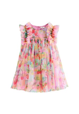 Floral dress with ruffled sleeves, made of sheer pink fabric featuring strawberry and flower patterns. Flared silhouette with a gathered waist.
