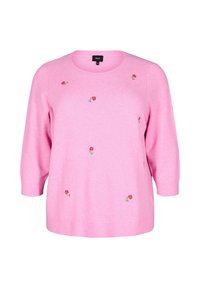 Rosa Strickpullover mit dreiviertel Ärmeln, rundem Halsausschnitt und verstreuten, bestickten Rosenmotiven. Weiche Textur und entspannte Passform.