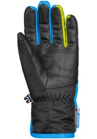 Guanto in pelle nera con accenti blu e verdi. Presenta sezioni imbottite, un'etichetta impermeabile e un polsino elasticizzato per una vestibilità aderente.