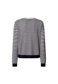 Pull rayé bleu marine et blanc avec un tricot texturé. Il possède des manches longues et un ourlet côtelé. La vue de dos montre un motif rayé uniforme.