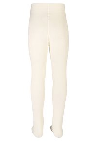 Collants blancs côtelés avec une taille sans couture et une texture lisse, conçus pour épouser les formes de la taille jusqu'aux chevilles.
