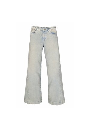 Jeans en denim bleu clair à jambes larges avec une taille haute, dotés de cinq poches et de détails légèrement décolorés, finis par un ourlet net.