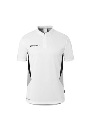Witte sportpolo met korte mouwen, zwarte en grijze zijpanelen, twee knopen aan de kraag en het "uhlsport"-logo op de borst.