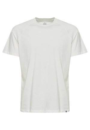 White cotton t-shirt with a crew neckline, short raglan sleeves, soft texture, and a subtle logo detail at the hem.