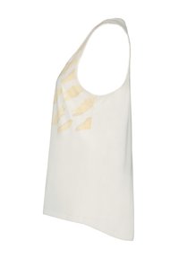 Top sin mangas blanco hecho de tela suave, con un patrón amarillo de aspecto acuarelado en el frente; corte relajado y escote redondeado.