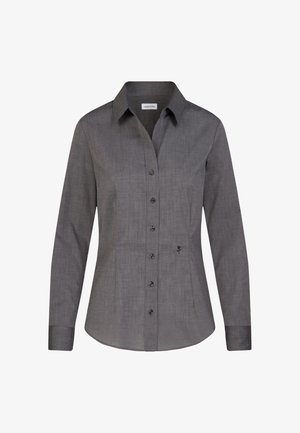 Grå langærmet skjorte med knapper, lavet af et glat stof, med sorte knapper og en diskret blomstermønsterbrodering på den nederste front.