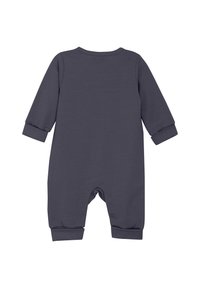 Grå bomullsbody med långa ärmar, med rund halsringning, ribbade ärmslut och tryckknappar i botten för enkel påklädning.