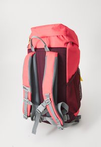 Red and purple backpack featuring adjustable gray straps, mesh side pockets, and a fold-over top with a carrying handle. Durable fabric texture.