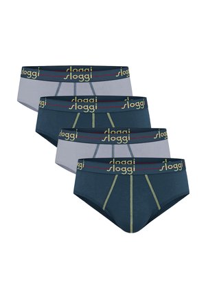 Zestaw czterech męskich slipów na zmianę w kolorach granatowym i szarym, z gumkami w talii z logo oraz kontrastującymi przeszyciami.