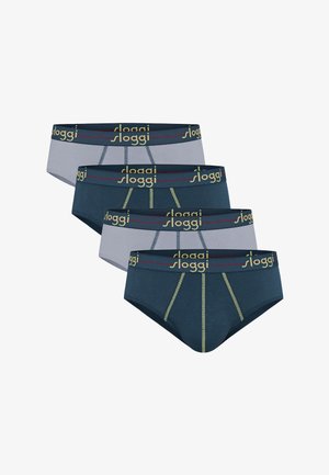 Set of four men's briefs in alternating navy blue and gray with branded elastic waistbands and contrasting stitch details.