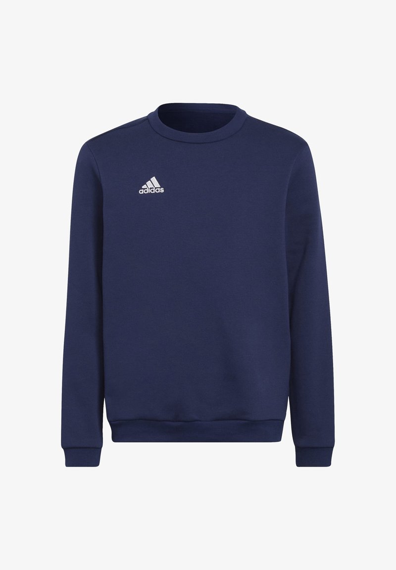 Felpa blu navy, colletto a giro, maniche lunghe, realizzata in tessuto morbido, con logo bianco Adidas sul petto, polsini e orlo a costine.