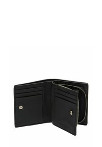 Czarny skórzany portfel z sześcioma przegródkami na karty, zapięciem na zatrzask oraz zamykaną na zamek kieszonką na monety. Gładka faktura i minimalistyczny design.