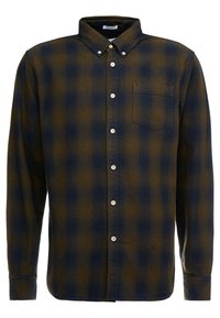 Camicia a quadri con bottoni, in verde scuro e blu navy, con colletto, maniche lunghe, taschino sul petto e bottoni bianchi su un tessuto texturizzato.