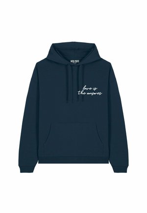 Hoodie bleu marine en tissu doux, avec une poche kangourou à l'avant et le texte "l'amour est la réponse" en écriture cursive blanche sur la poitrine.