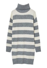 Maglione a righe lavorato a maglia con design a collo alto. Presenta righe alternate grigie e crema, maniche lunghe e polsini e orlo a costine.