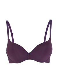 Scollo in pizzo di colore viola con spalline regolabili, texture liscia e una chiusura centrale. Presenta un design senza cuciture per un aspetto aderente.