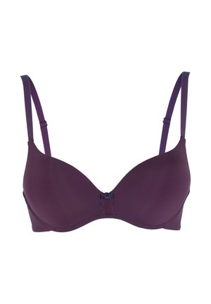 Scollo in pizzo di colore viola con spalline regolabili, texture liscia e una chiusura centrale. Presenta un design senza cuciture per un aspetto aderente.