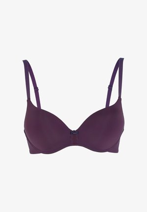 Scollo in pizzo di colore viola con spalline regolabili, texture liscia e una chiusura centrale. Presenta un design senza cuciture per un aspetto aderente.