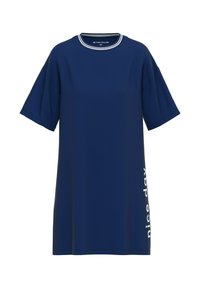 Marineblauwe T-shirt jurk met korte mouwen, ronde hals en witte tekst "leuke dag" op de zijkant. Soepele stof met een relaxte pasvorm.