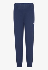Navy blue cotton sweatpants with an elastic waistband, ribbed cuffs, and a small logo on the side. Smooth fabric texture, tapered design.