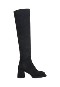 Zwarte kniehoge laarzen van zacht suede, met een aansluitende pasvorm, vierkante neus en een chunky hak voor stabiliteit. Eenvoudig en modern ontwerp.