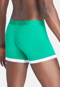 Boxer shorts verdi in cotone con un elastico bianco in vita e rifiniture. Materiale leggero con una vestibilità aderente e cuciture piatte. Nessun motivo o grafica.