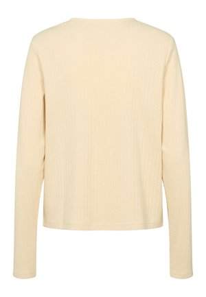 Krémově zbarvený dlouhý rukáv s žebrovaným pleteným topem s kulatým výstřihem, zobrazený zezadu.
