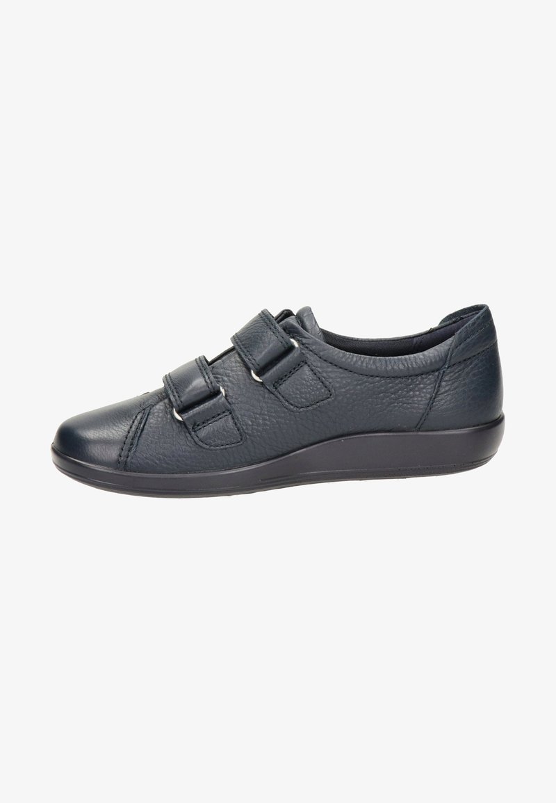 Scarpe in pelle blu scuro con due fibbie in velcro regolabili, punta rotonda e superficie texturizzata, dotate di suola imbottita per maggiore comfort.