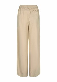 Béžové široké nohavice s elastickým pásom, hladkou textúrou a jednou zadnou vreckom. Navrhnuté pre pohodlie a ľahký pohyb.