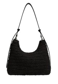 Borsa nera con un design hobo, realizzata in materiale tessuto testurizzato. Presenta una tracolla curva e una chiusura con zip su un lato.