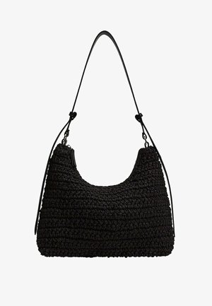 Borsa nera con un design hobo, realizzata in materiale tessuto testurizzato. Presenta una tracolla curva e una chiusura con zip su un lato.