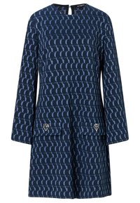 Marineblaues gemustertes Kleid mit langen Ärmeln, strukturierter Stoff, runder Ausschnitt, Schlüsselrückseite, zwei vordere Taschen mit rautenförmigen Akzenten.