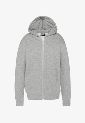 Sudadera con cremallera de color gris claro, con bolsillos frontales, mangas largas, puños y dobladillo de canalé, y capucha adjunta, mostrada sobre un fondo blanco.