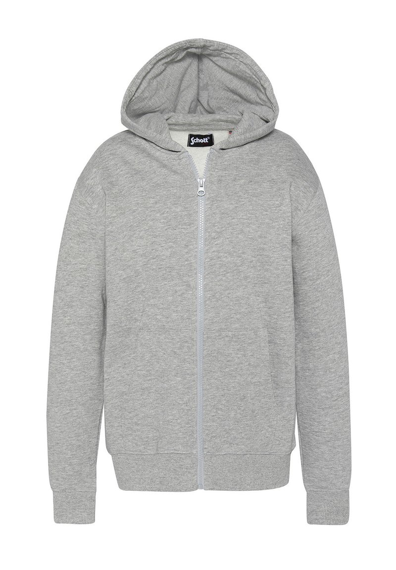 Felpa grigia chiara con zip, dotata di tasche anteriori, maniche lunghe, polsini e orlo a costine, e cappuccio incorporato, mostrata su uno sfondo bianco.