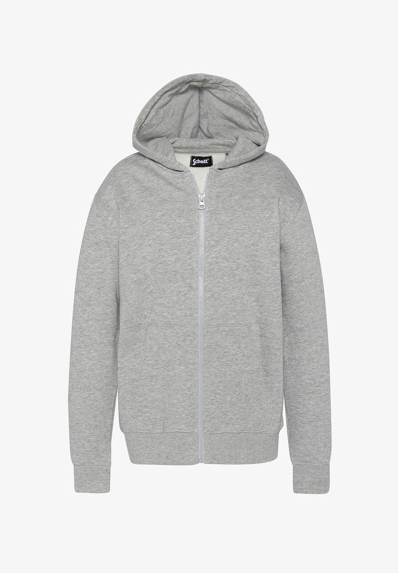 Felpa grigia chiara con zip, dotata di tasche anteriori, maniche lunghe, polsini e orlo a costine, e cappuccio incorporato, mostrata su uno sfondo bianco.