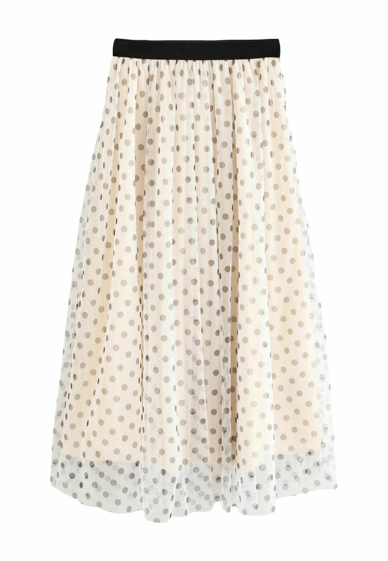 Jupe maxi avec une ceinture noire, fabriquée en tissu crémeux transparent avec des pois gris espacés régulièrement. Elle fluide doucement, légère au toucher.