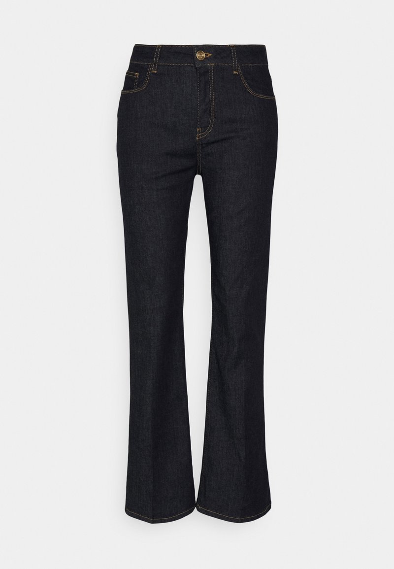 Tummansiniset hulmutetut farkut, valmistettu denimistä, jossa on vetoketjukiinnitys napilla, viisi taskua ja kontrastivärinen tikkaus.