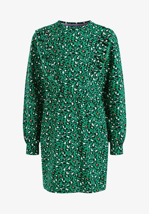 Grøn langærmet kjole med flerfarvet leopardprint, rund halsudskæring, elastisk talje og flæsedetaljer langs forreste brystområde.