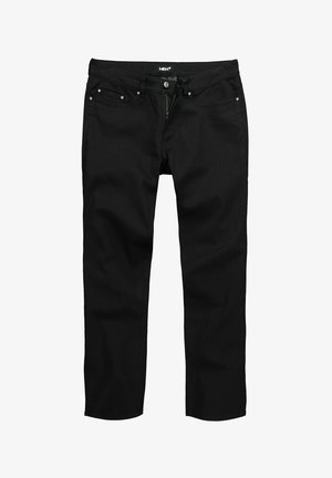 Czarne dżinsy w prostym kroju, pięć kieszeni, metalowe zapięcie na guzik i subtelne detale przeszycia. Gładka faktura i minimalistyczny design.