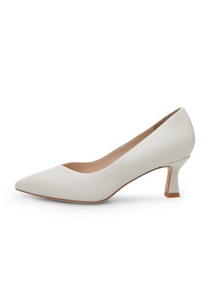 Valkeat kärkikengät, joissa on sileä nahkamateriaali, matala lohkare korko ja beige sisävuori. Yksinkertainen ja elegantti muotoilu.