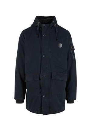 Marineblauer, mittellanger Parka mit Reißverschluss- und Knopfverschluss, verstellbare Kapuze, zwei Fronttaschen und einer Ärmeltasche. Weiche Textur.