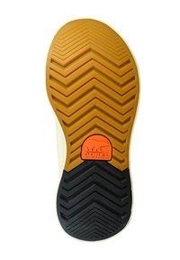 Rubber shoe sole with a zigzag tread pattern. Color gradient from black to orange with a prominent red "SOREL" logo on the heel.