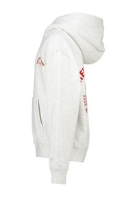 Sudadera con capucha de color gris claro con texto rojo en el pecho y la parte superior de la manga, bolsillo tipo canguro en la parte frontal, y puños y dobladillo acanalados.